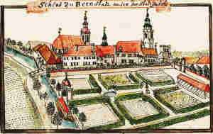 Schloss zu Bernstadt auser der Stadt zu sehen - Zamek, widok ogólny od strony miasta